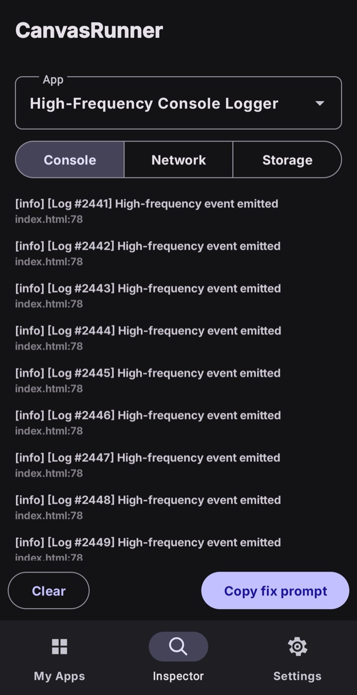 CanvasRunner Inspector showing a live console